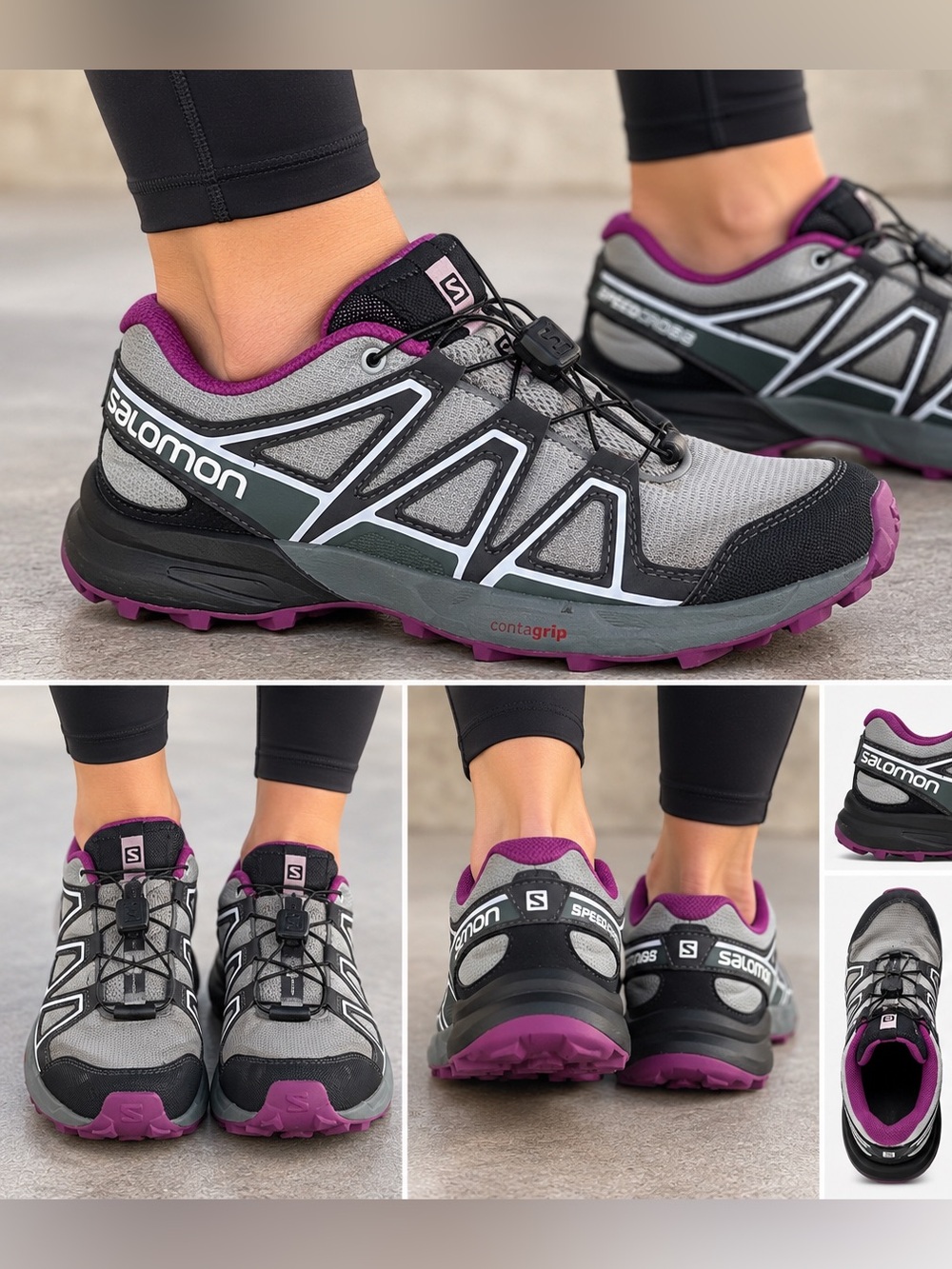 Salomon Speedcross Women’s 5 Trail Running Shoes Gray Purple Quicklace Contagrip